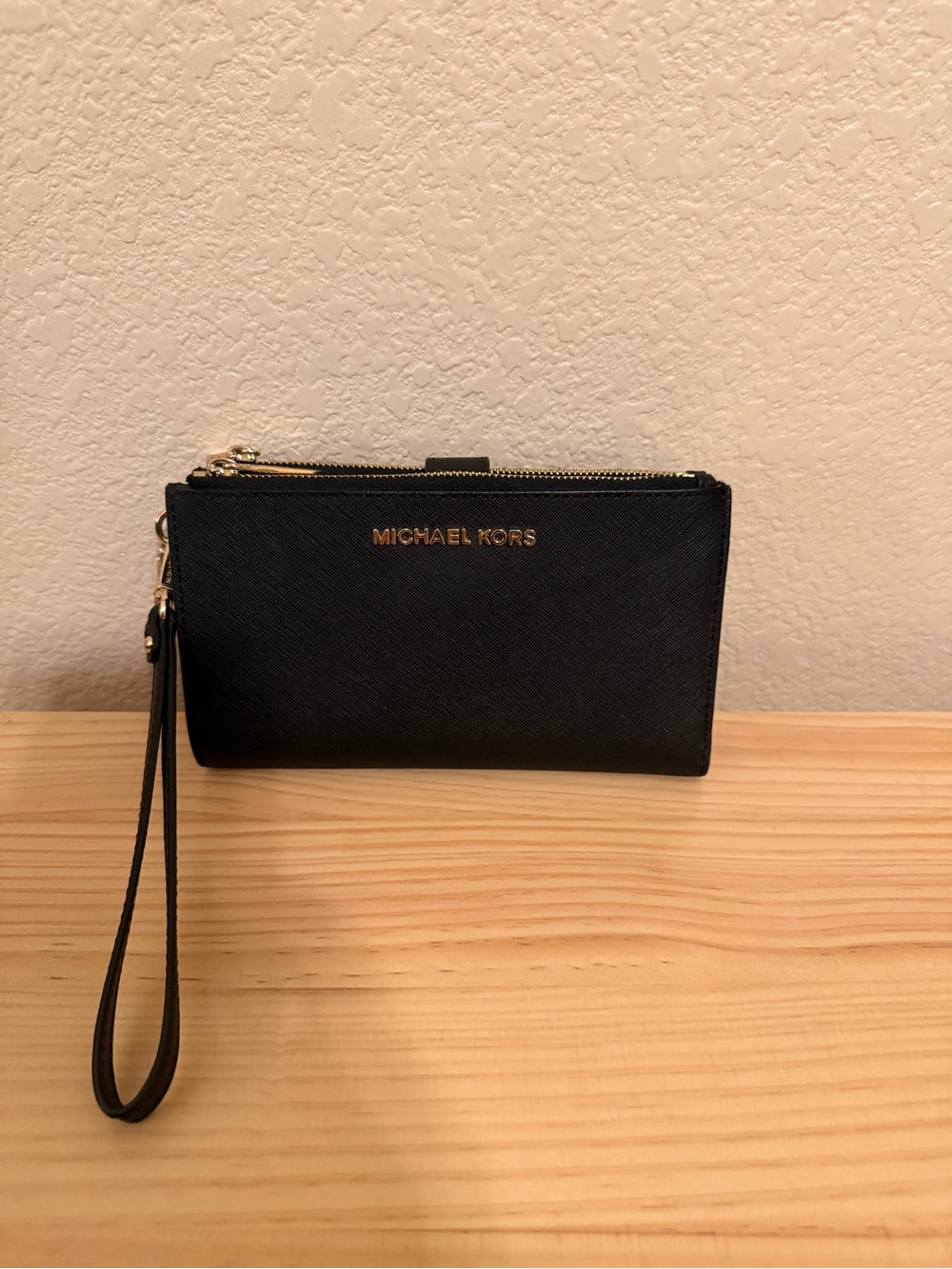 Michael Kors Black Saffiano Leather Wristlet with Gold Hardware
